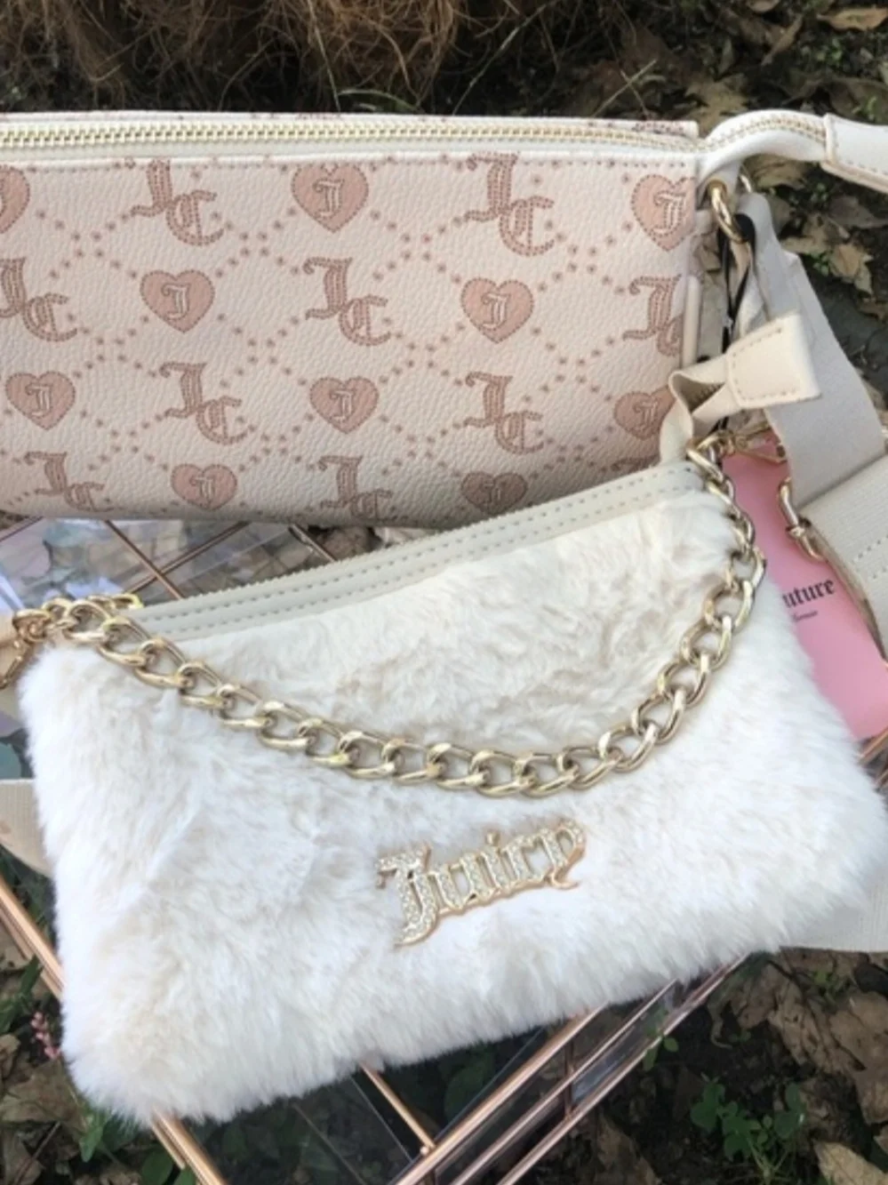 Juicy Couture Cream Faux Fur and Logo Crossbody with Gold Chain - Picture 5 of 9